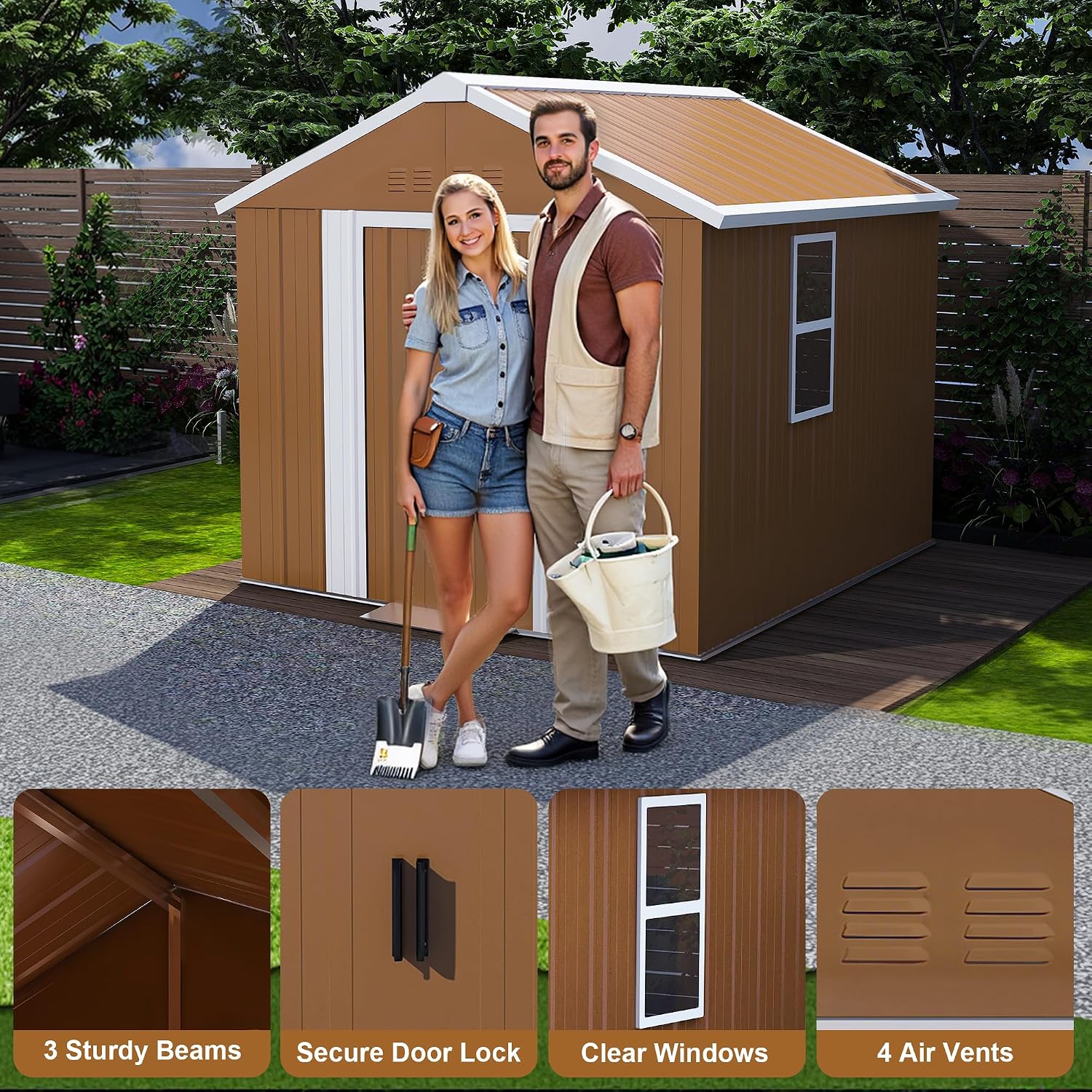 6x4 FT Heavy-Duty Outdoor Metal Storage Shed with Windows, Lockable Door & Ventilation, Weatherproof Garden Shed for Backyard, Lawn Mower, and Tool Organization (Brown, 6X4 FT)