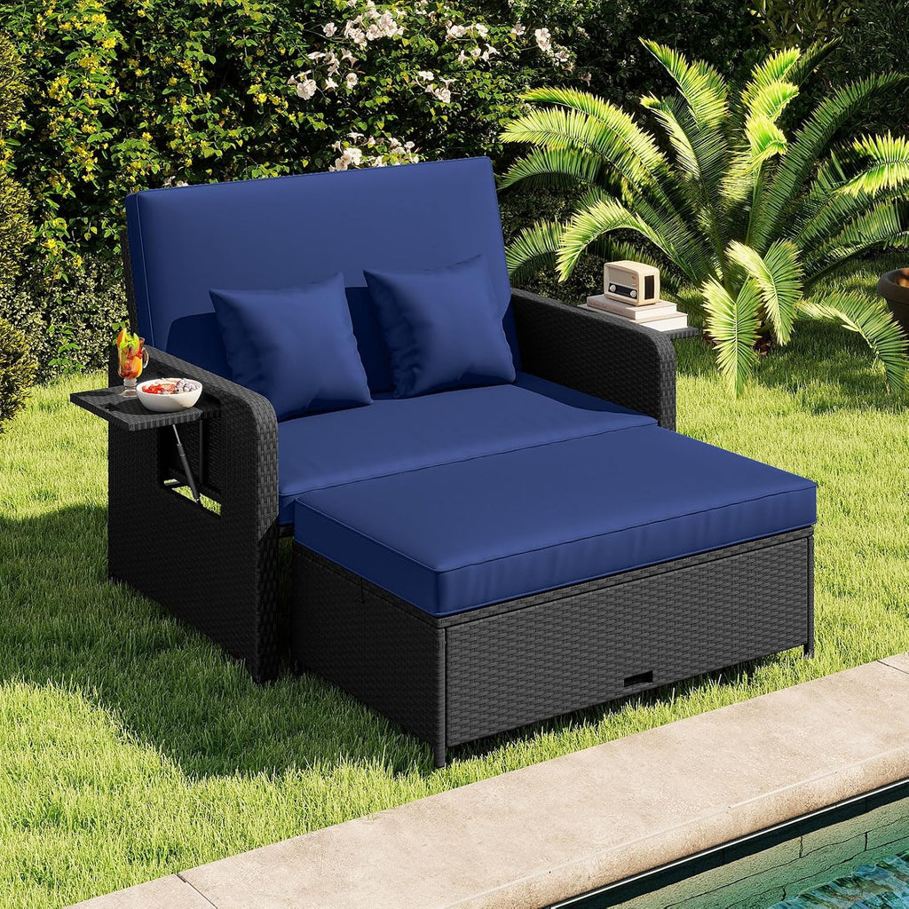 COSTWAY Patio Rattan Daybed with Cushions, Outdoor Wicker Loveseat Sofa with Storage Ottoman, 4-Level Adjustable Backrest, Bed Lounger for Yard, Balcony, Porch, Garden, Pool (Black+Navy)