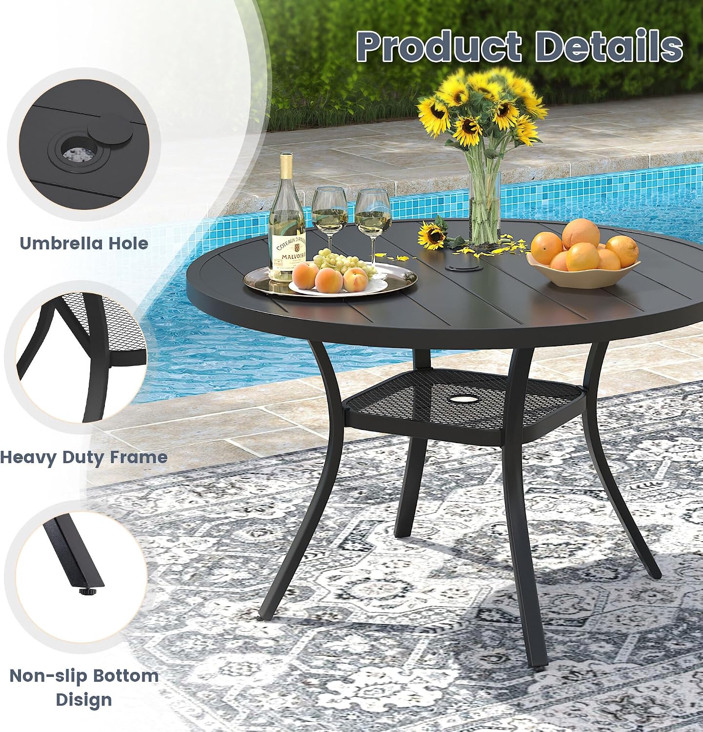 VICLLAX Round Patio Dining Table for 4-6, Outdoor Metal Dining Table with Umbrella Hole for Deck Lawn Garden Backyard, 47.2' Black