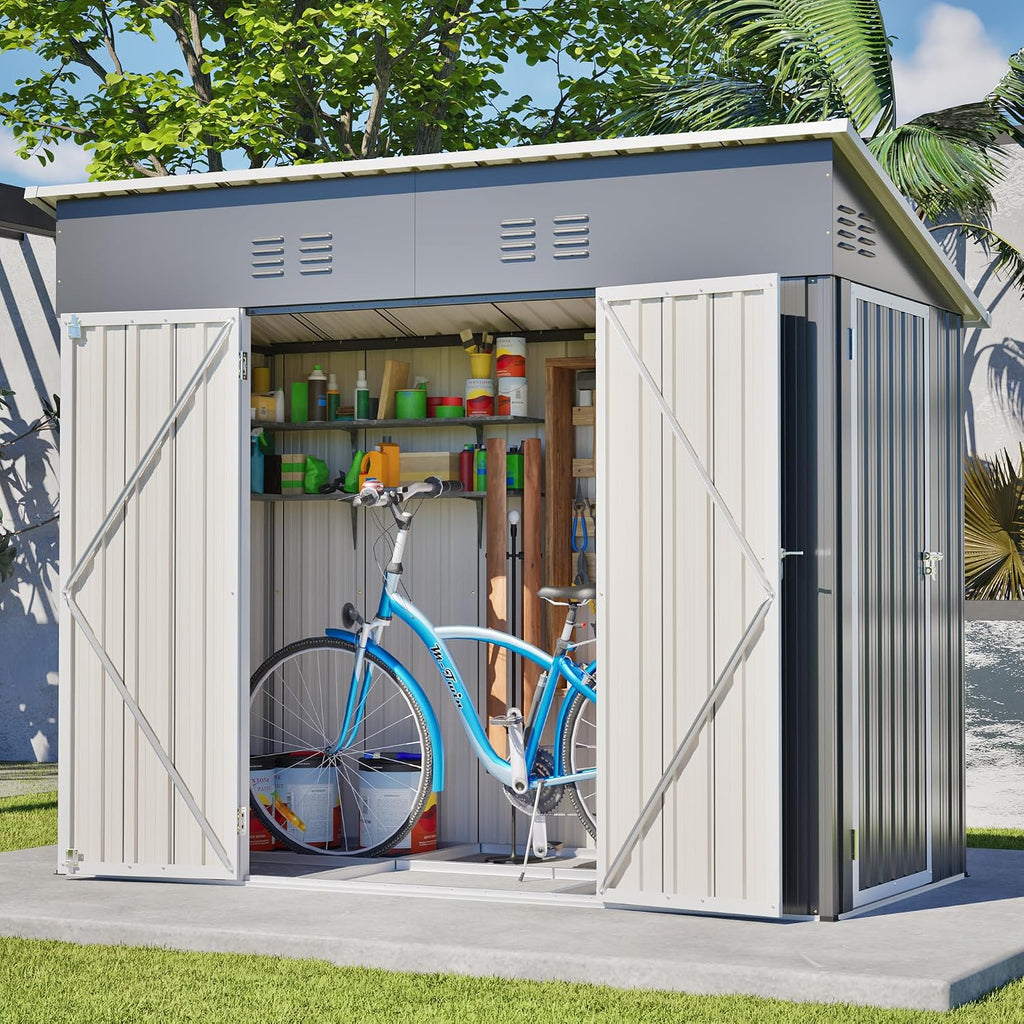 YOPTO 4x8 FT Outdoor Storage Shed,Slope Roof Storage Metal Garden Shed Steel with Reinforced Beams,All Weather Waterproof Garden Tool House W/Lockable Door & 4 Air Vents,for Backyard,Patio,Lawn,Grey