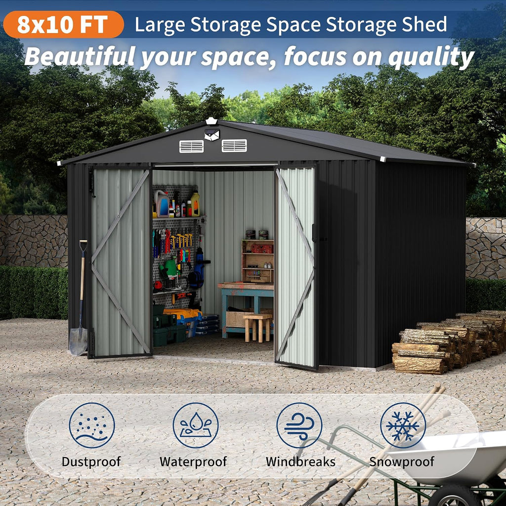 GarveeLife 8x10 Ft Outdoor Storage Sheds, Metal Garden Tool Shed for Backyard, Large Metal Sheds Outdoor Storage with Lockable Doors & Air Vents for Backyard Garden Patio Lawn