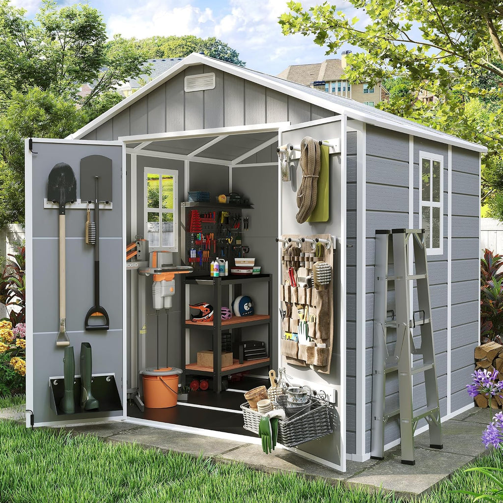 Amopatio Storage Shed 6x8, Resin Outdoor Shed with Floor Included, Plastic Sheds Outdoor Storage for Bike, Garden Tools, Sheds & Outdoor Storage with Lockable Door, Window & Vents, Grey & White