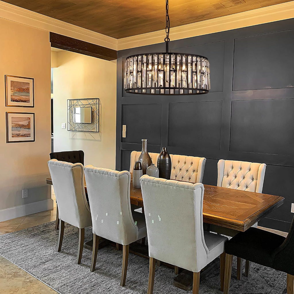 Wellmet Black Crystal Chandeliers, 5 Lights Modern Round Dining Room Ceiling Light Fixture, Farmhouse Drum Chandelier for Living Room, Bedroom, Bathroom, Kitchen, Foyer, Entryway, Hallway, W-20in