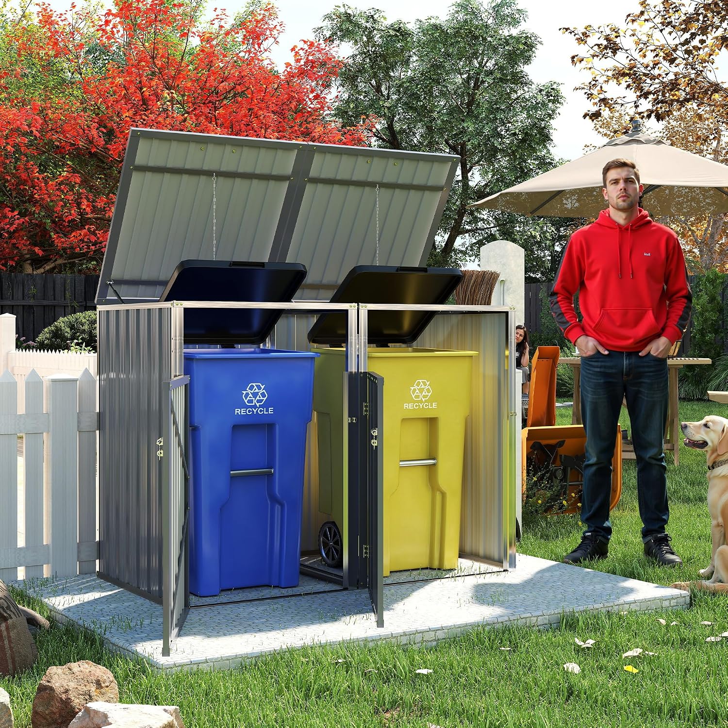 YOPTO Outdoor Storage Shed Metal Trash Can Storage,54 Cu.Ft Garbage Can Storage Shed W/Lid Chain,Hydraulic Mechanism & Pneumatic Spring Support Rods,for 2 Trash Bins,Bike,Garden Tools,Light Gray