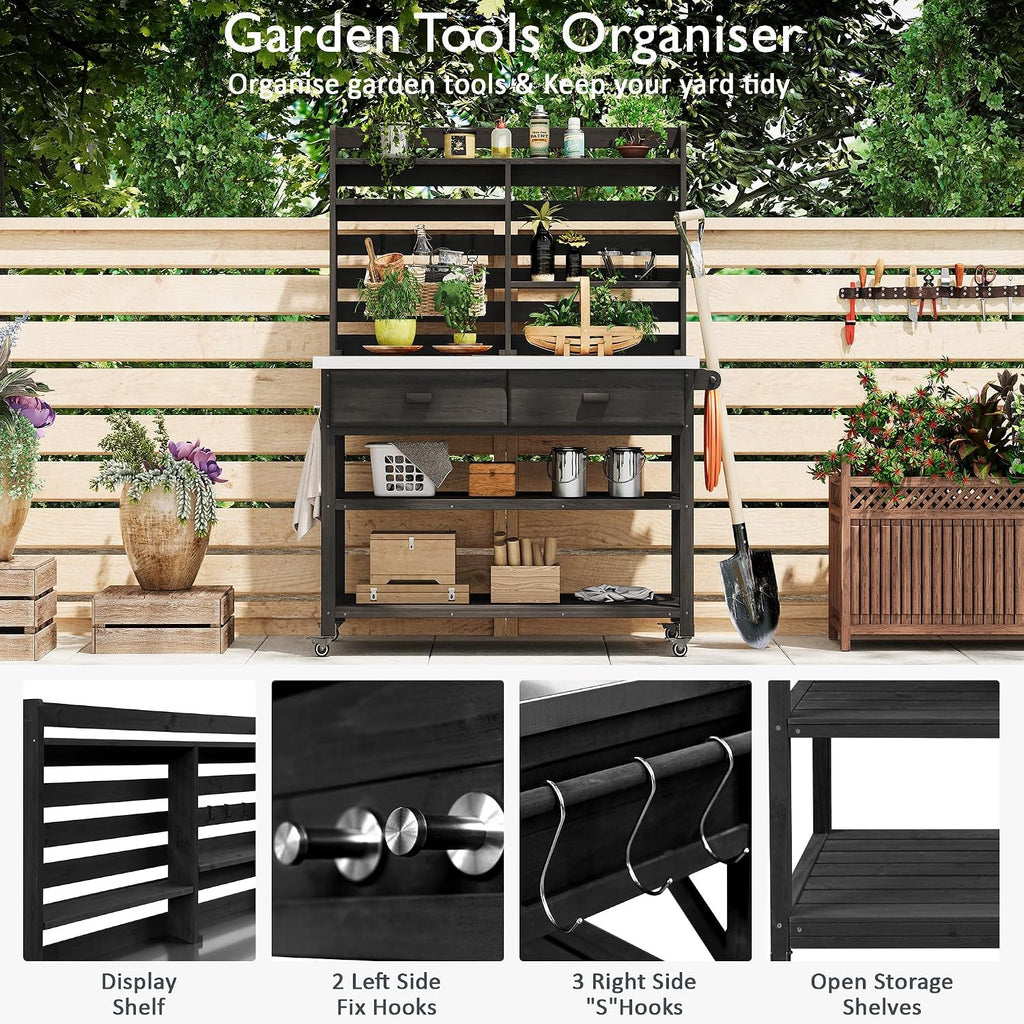 64.9'H Outdoor Potting Bench Table, Outdoor Wood Workstation Table with Lockable Wheels, Stainless Steel Top, Towel Rack, Solid Wood Outdoor Kitchen Island with Upper Hutch for Grilling, Lawn Garden