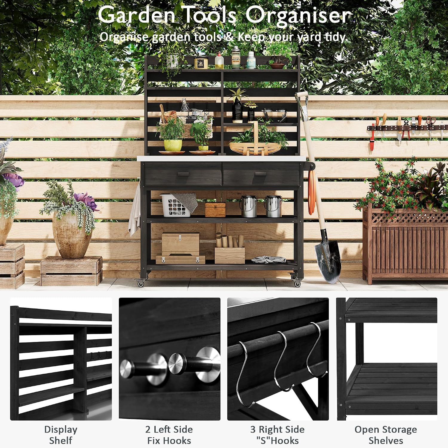 64.9' H Outdoor Potting Bench Table with Lockable Wheels,Solid Wood Outdoor Kitchen Island with Upper Hutch,Stainless Steel Top,Towel Rack,Outdoor Storage for Grilling,Lawn Garden,Grey Blue