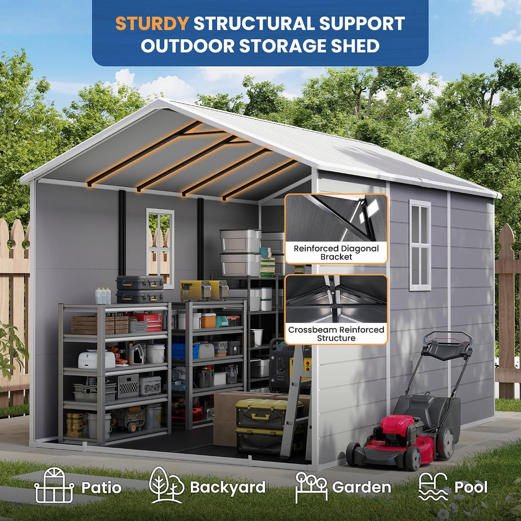 Amopatio 8x10 FT Outdoor Resin Shed,Storage Shed with Floor Included, Plastic Sheds Outdoor Storage for Bike, Garden Tools, Sheds & Outdoor Storage with Lockable Door, Window & Vents, Grey & White