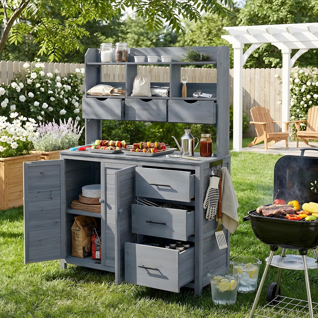 65' H Large Patio Potting Bench, Farmhouse Garden Workstation with 6 Drawers, Bottom Cabinet and Side Hook, Adjustable Shelf, Fir Wood Frame Outdoor Kitchen Island (Gray/101)