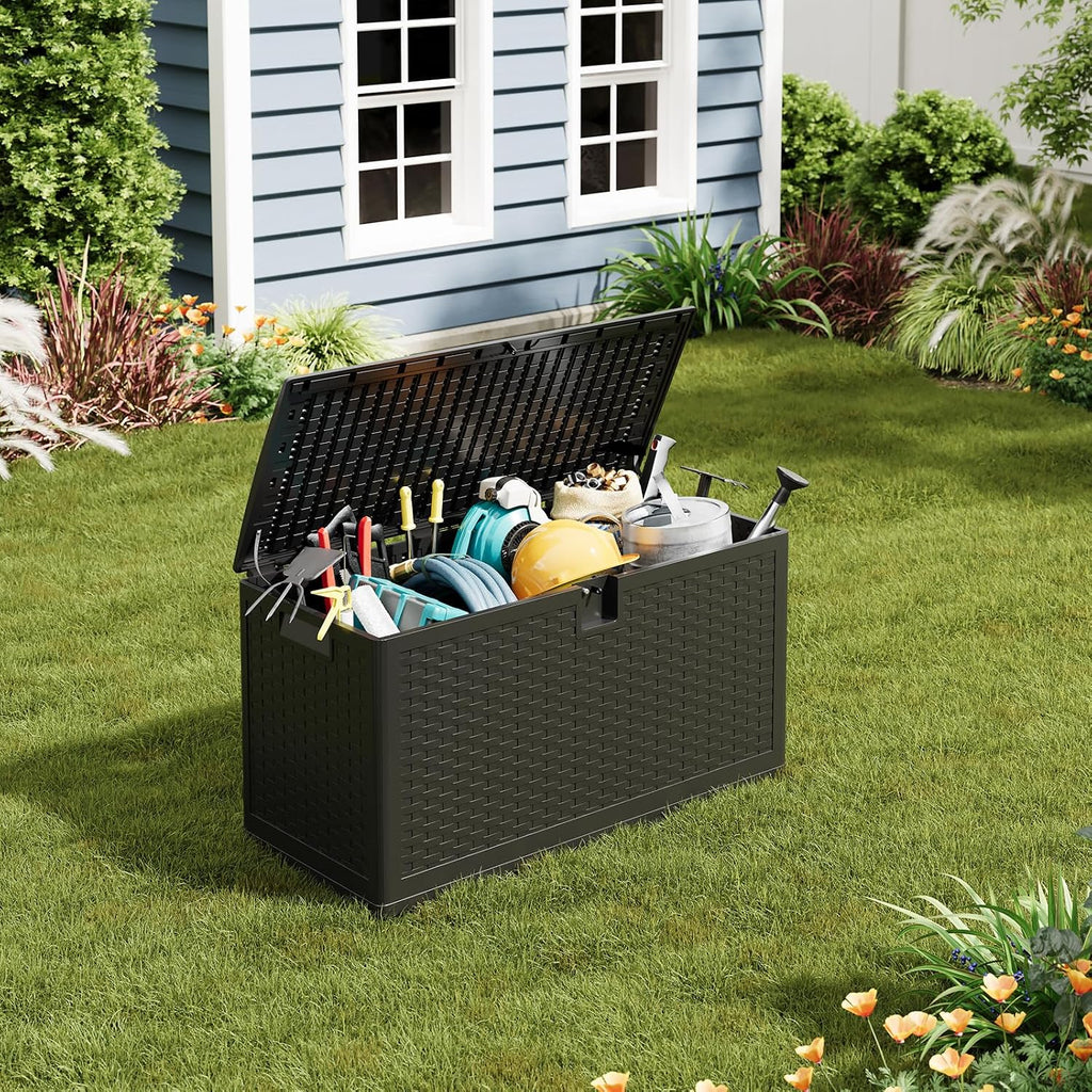 GarveeLife 73 Gallon Resin Deck Box, Weatherproof and UV Resistant Outdoor Storage Box, Lockable Outdoor Storage Bin for Patio Cushions, Garden Tools, Pool Supplies, Package Delivery, Black