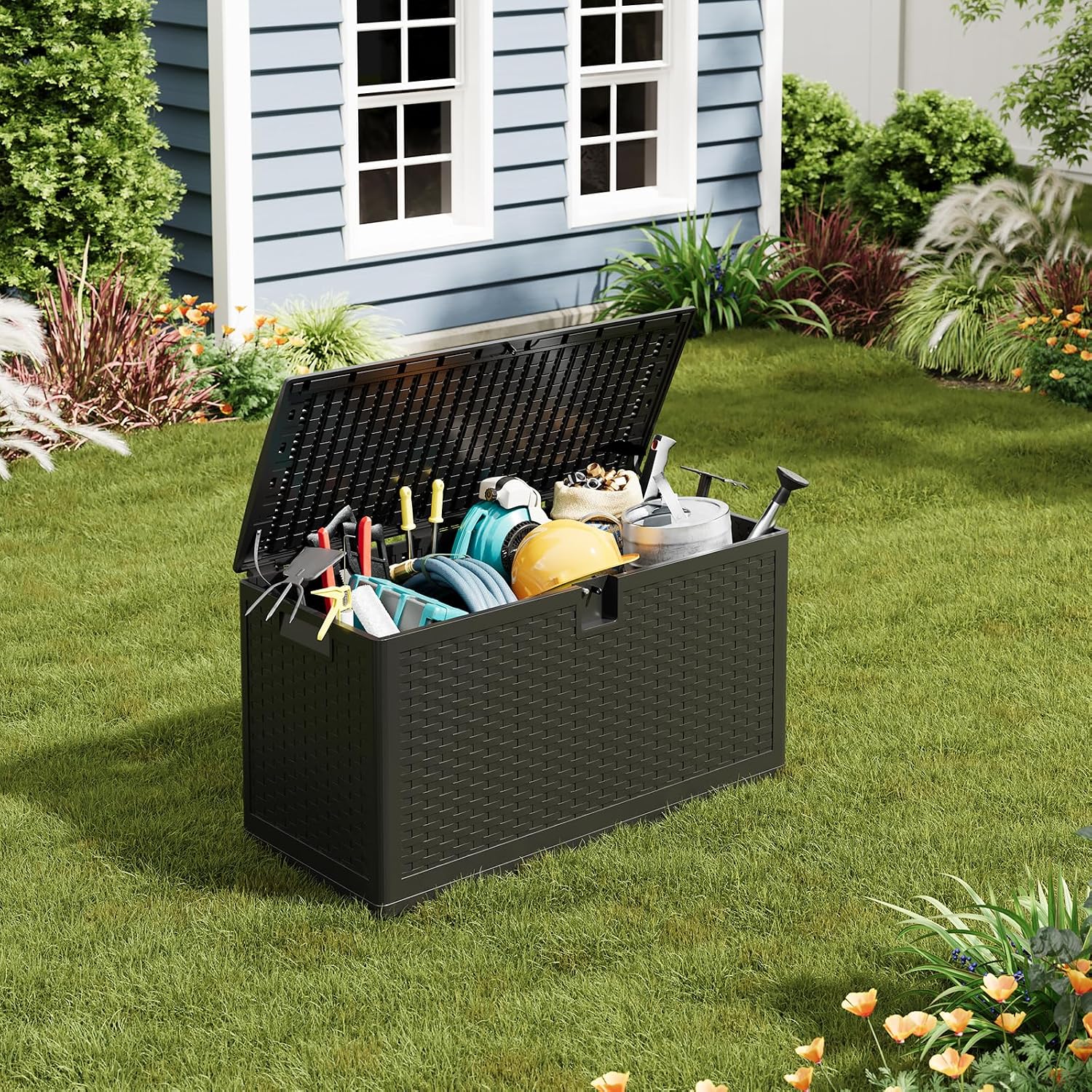 GarveeLife 73 Gallon Resin Deck Box, Weatherproof and UV Resistant Outdoor Storage Box, Lockable Outdoor Storage Bin for Patio Cushions, Garden Tools, Pool Supplies, Package Delivery, Black