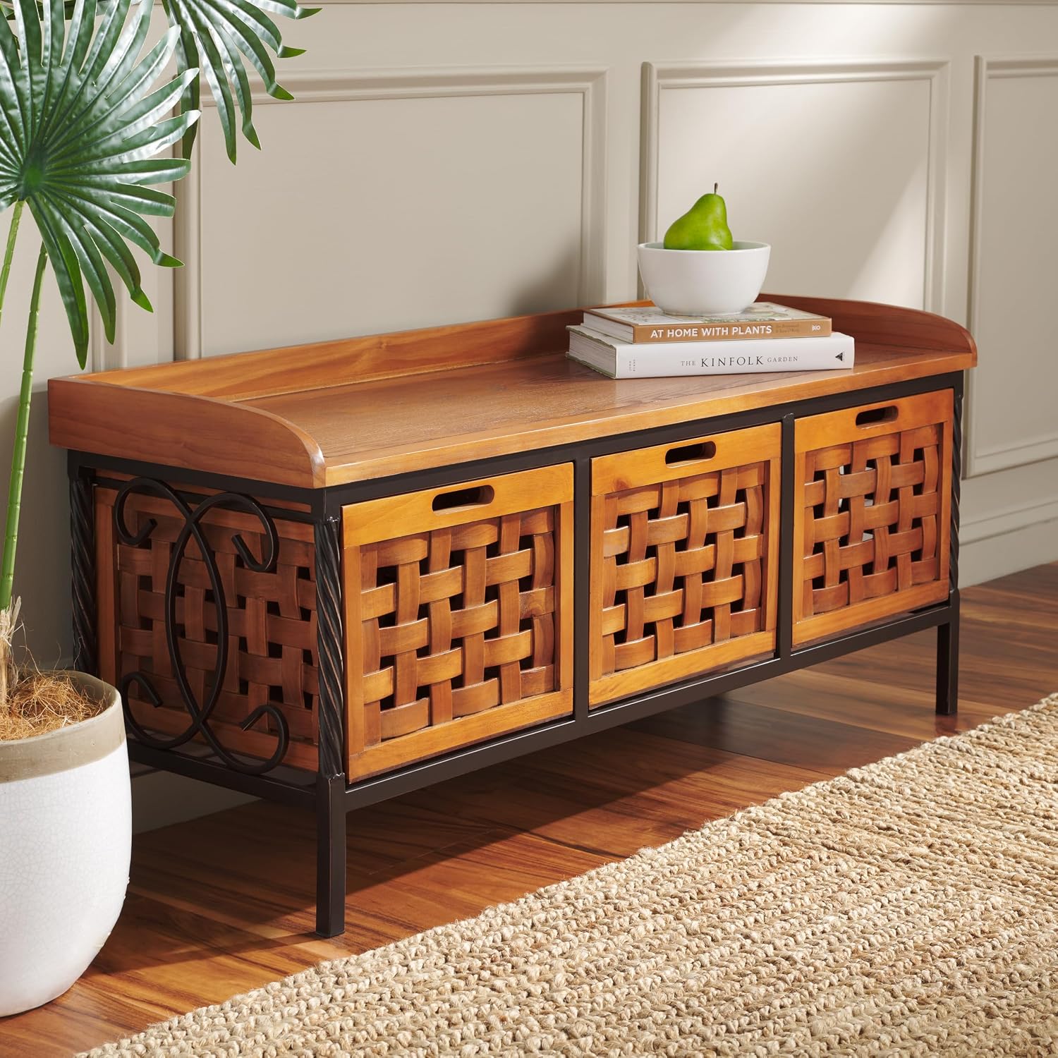 SAFAVIEH Home Collection – Isaac Oak Wooden Storage Bench with Drawers, Entryway & Mudroom Seating, Iron Frame Design, Fully Assembled (AMH6530A)