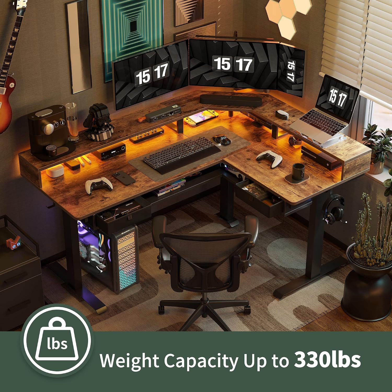 FEZIBO 63'x49' L Shaped Standing Desk with LED Strip & 2 Drawers, Upper and Lower Storage Shelves Available, Electric Height Adjustable, for Gaming, Office, Rustic Brown（2 Packages）
