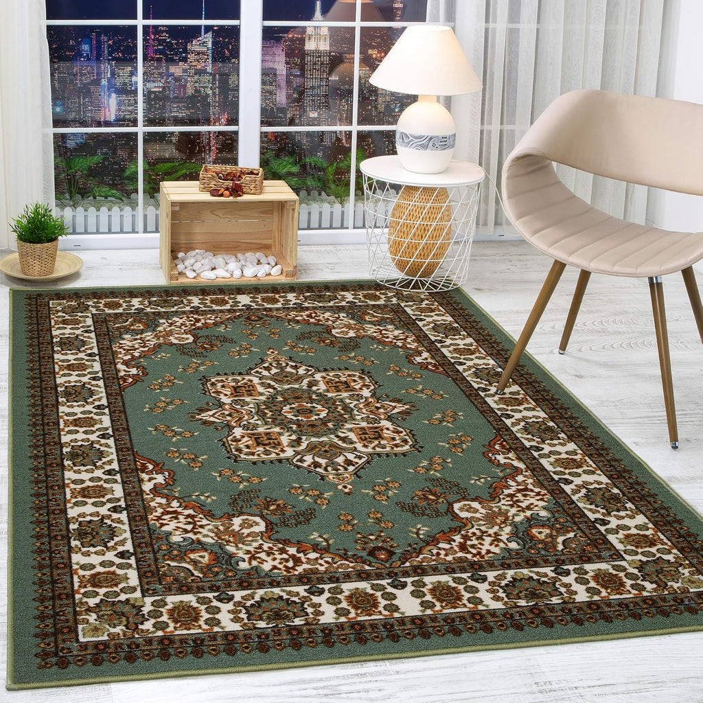 Antep Rugs Alfombras Oriental Traditional 8x10 Non-Skid (Non-Slip) Low Profile Pile Rubber Backing Indoor Area Rugs (Green, 7'10' x 10')