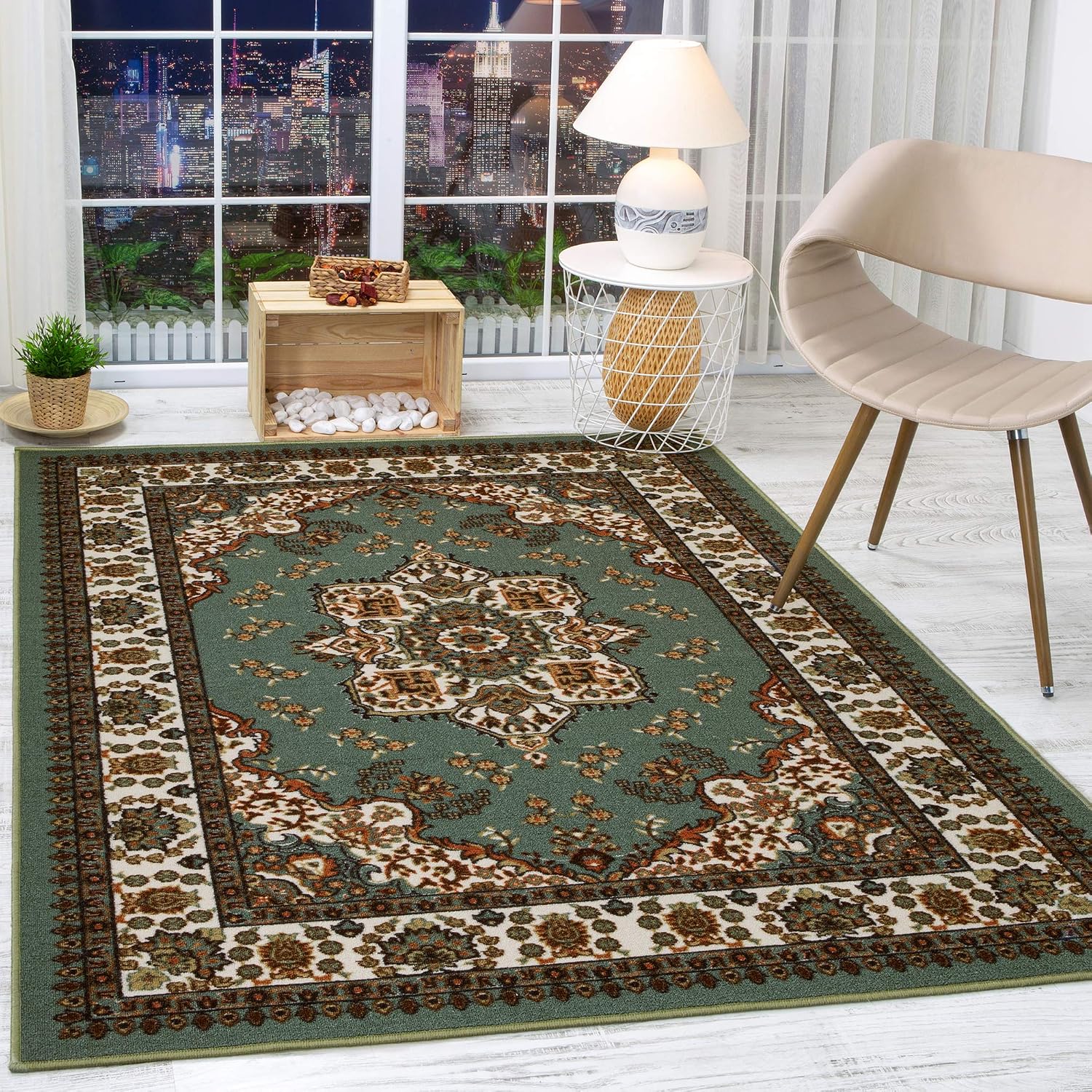 Antep Rugs Alfombras Oriental Traditional 8x10 Non-Skid (Non-Slip) Low Profile Pile Rubber Backing Indoor Area Rugs (Green, 7'10' x 10')