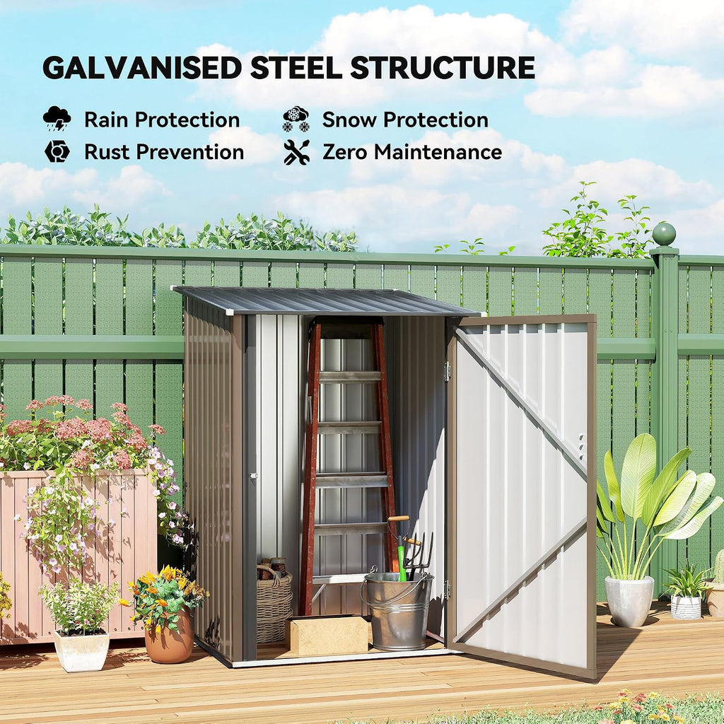 Outsunny 3.3' x 3.4' Outdoor Storage Shed, Metal Garden Tool House with Sloping Roof and Lockable Door for Backyard, Bike, Patio, Garage, Lawn, Brown