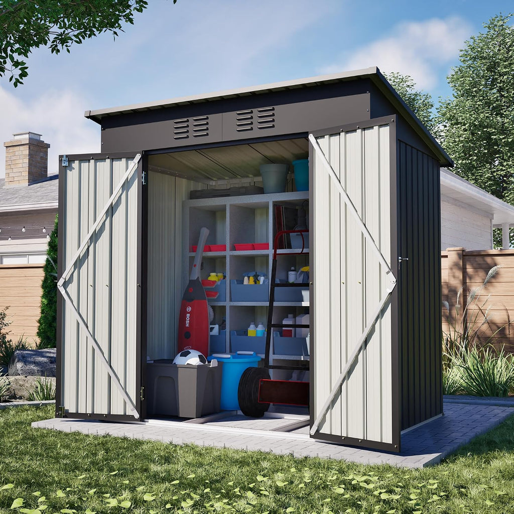 CHUNLY 6 x 4 ft Outdoor Storage Shed with 2 Double Hinged Door & Floor Base, All Weather Tool Shed Outdoor Storage Lockable Garden Shed Storage Room for Garden Patio Backyard Lawn Black