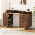 EYYTHUNG Brown Fluted Executive Desk with Storage Shelf & File Drawer, 55' Modern Wood Office Desk with Monitor Stand & Charging Station, Home Writing Computer Table for Work Study