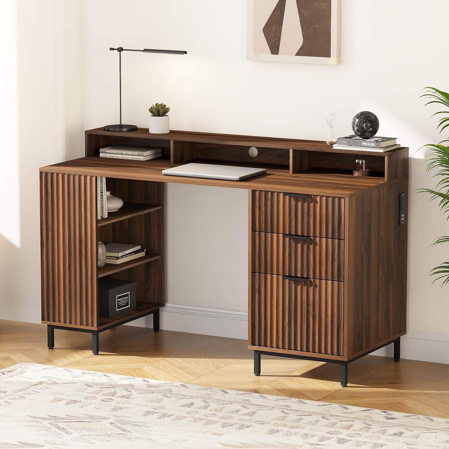 EYYTHUNG Brown Fluted Executive Desk with Storage Shelf & File Drawer, 55' Modern Wood Office Desk with Monitor Stand & Charging Station, Home Writing Computer Table for Work Study