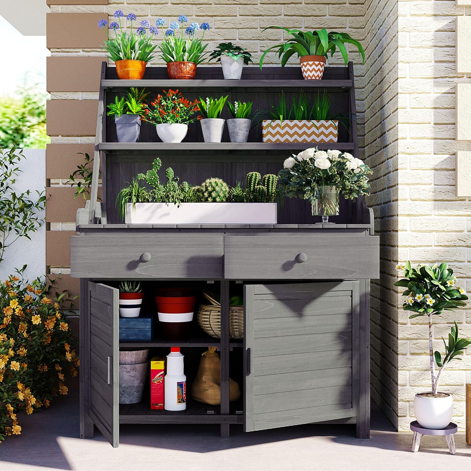 65inch Garden Potting Bench Table, Fir Wood Workstation with Storage Shelf, Drawer and Cabinet for Mudroom,Doorway (Gray2, 65')