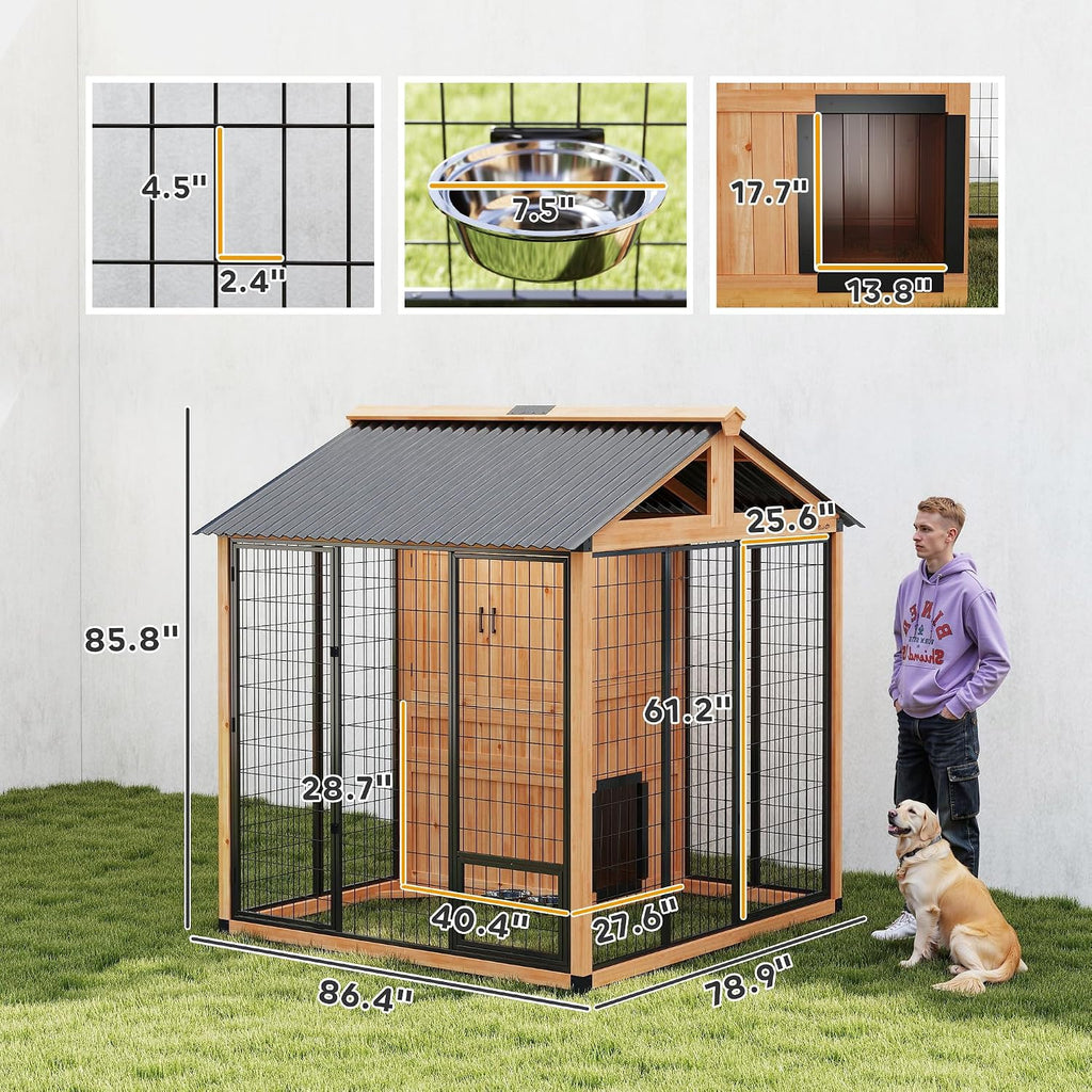 PawHut 7' x 6' Extra Large Outdoor Dog Kennel, Walk-in Wood Dog House with Internal Storage Cabinet, Pet Shelter with Waterproof Roof, Stainless Steel Bowls, Feeding Door for Large Breeds, Yellow