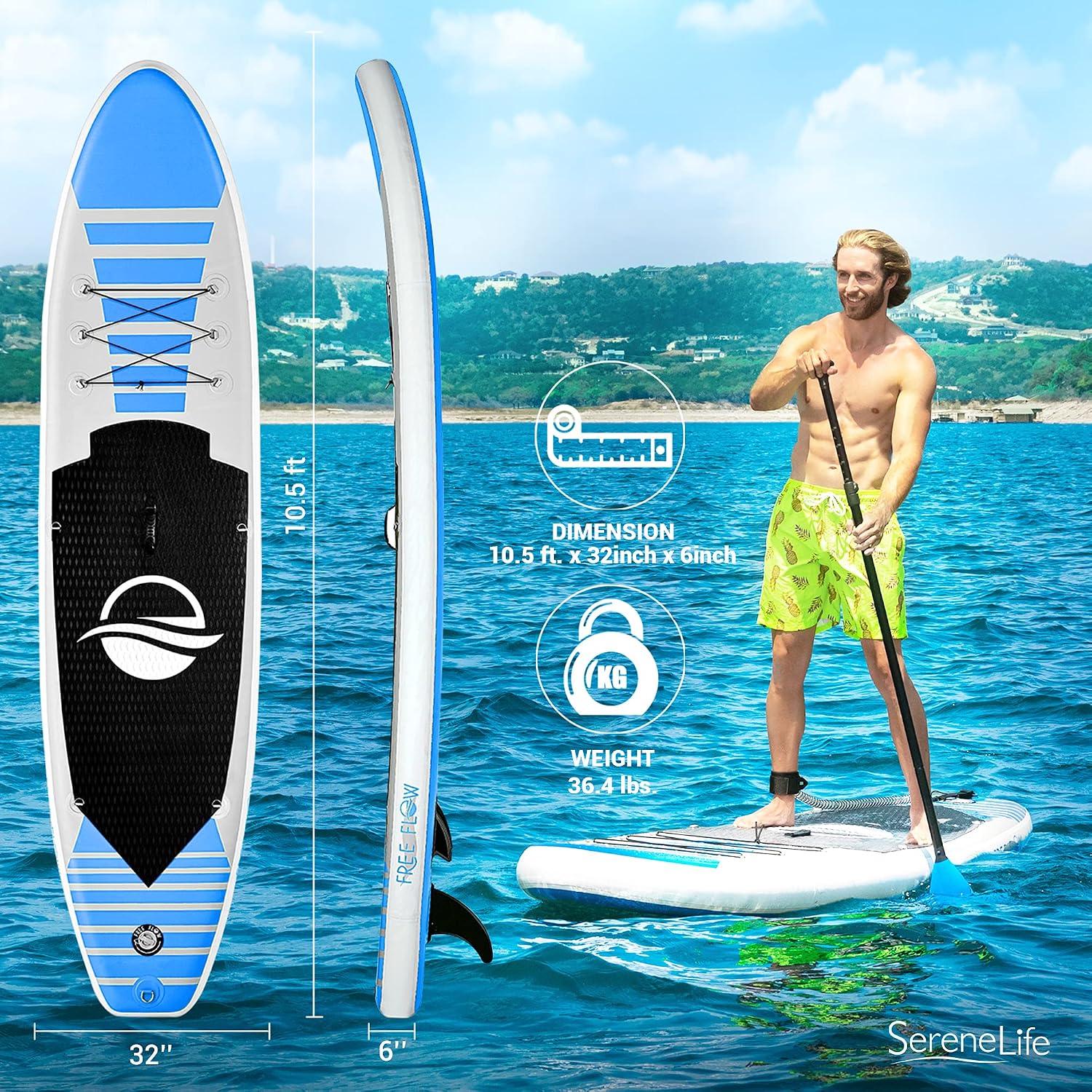 SereneLife Inflatable Stand Up Paddle Board (6 Inches Thick) & Serene Life Digital Electric Air Pump Compressor - 110W 12 Volt Quick Air Inflator w/LCD, 0-16 Adjustable PSI