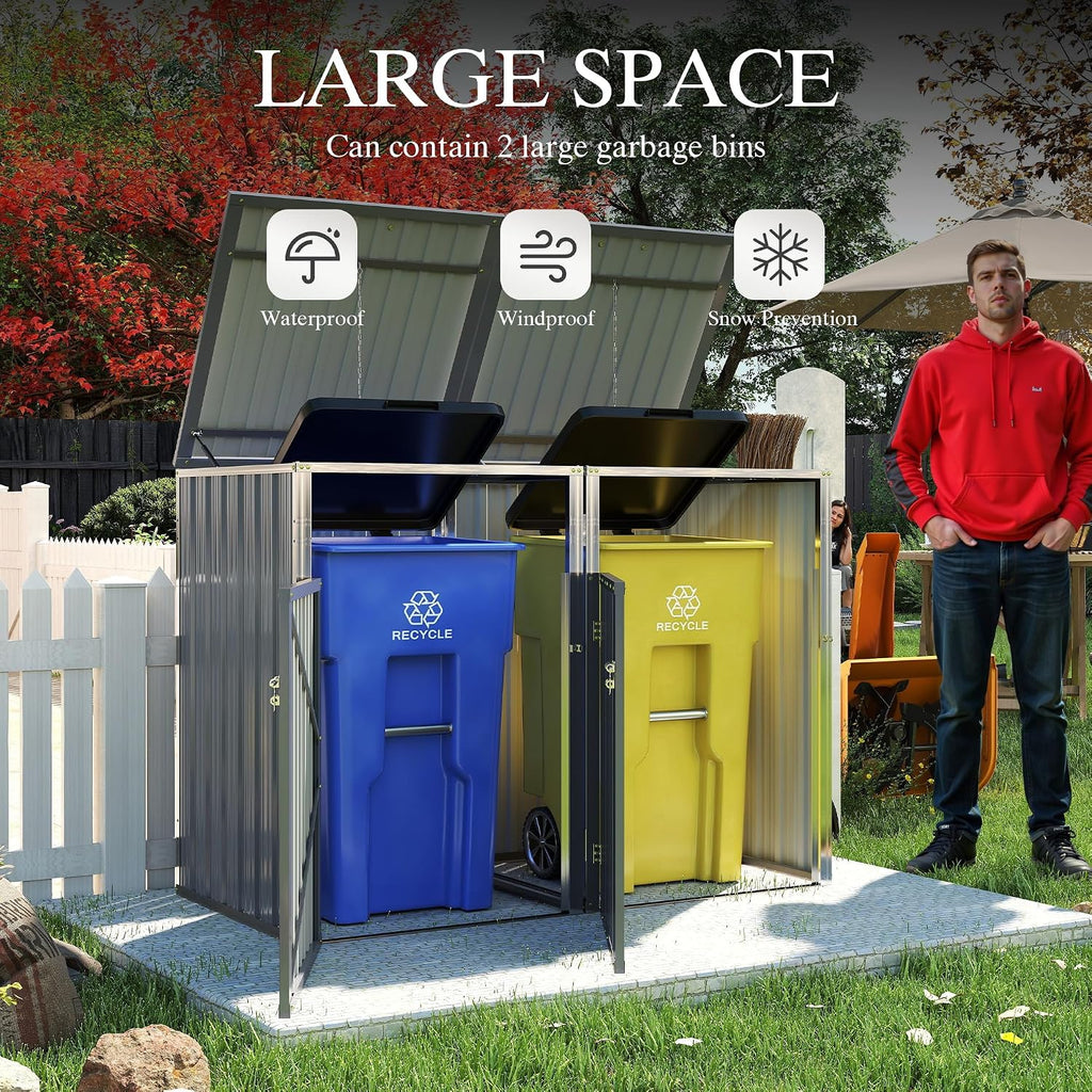 YOPTO Outdoor Storage Shed Metal Trash Can Storage,54 Cu.Ft Garbage Can Storage Shed W/Lid Chain,Hydraulic Mechanism & Pneumatic Spring Support Rods,for 2 Trash Bins,Bike,Garden Tools,Light Gray