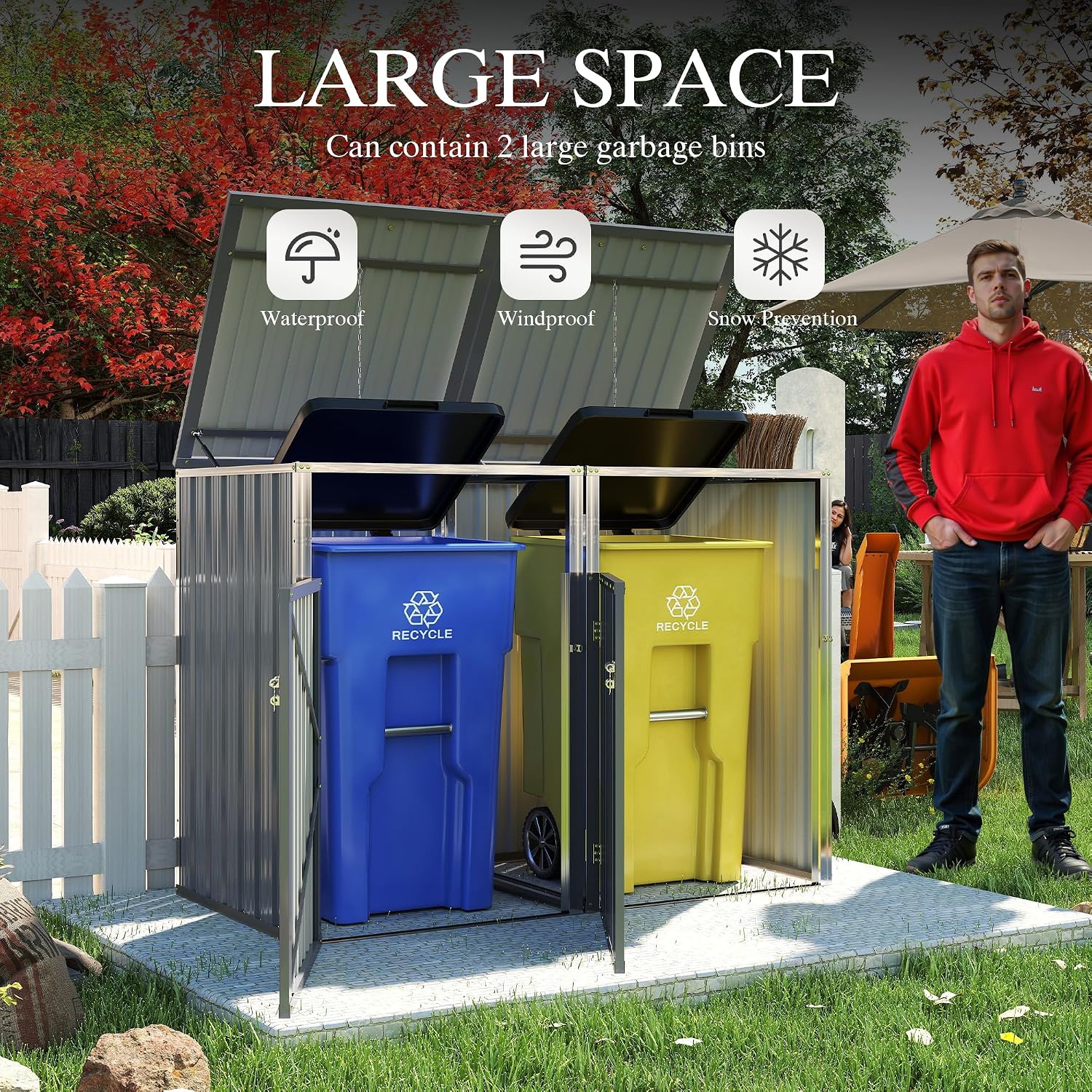 YOPTO Outdoor Storage Shed Metal Trash Can Storage,54 Cu.Ft Garbage Can Storage Shed W/Lid Chain,Hydraulic Mechanism & Pneumatic Spring Support Rods,for 2 Trash Bins,Bike,Garden Tools,Light Gray