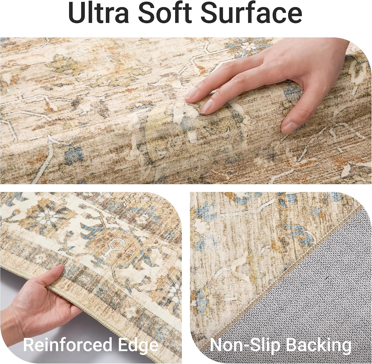 befbee 9x12 Area Rug,Ultra-Thin Washable Rugs for Living Room,Non-Slip Lightweight Foldable Area Rug,Stain Resistant Vintage Large Rugs (Apricot/Blue, 9'x12')
