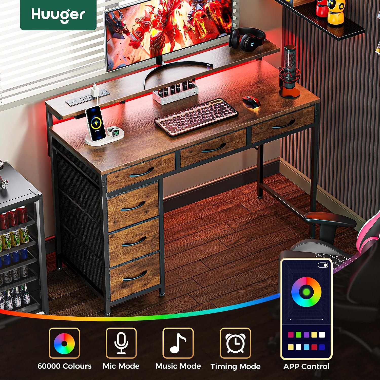 Huuger Gaming Desk with 6 Drawers, Computer Desk with LED Lights Power Outlets and Type-C, 39 Inch Office Desk with Storage, Monitor Stand, Writing Desk Work Desk Home Office, Study, Rustic Brown