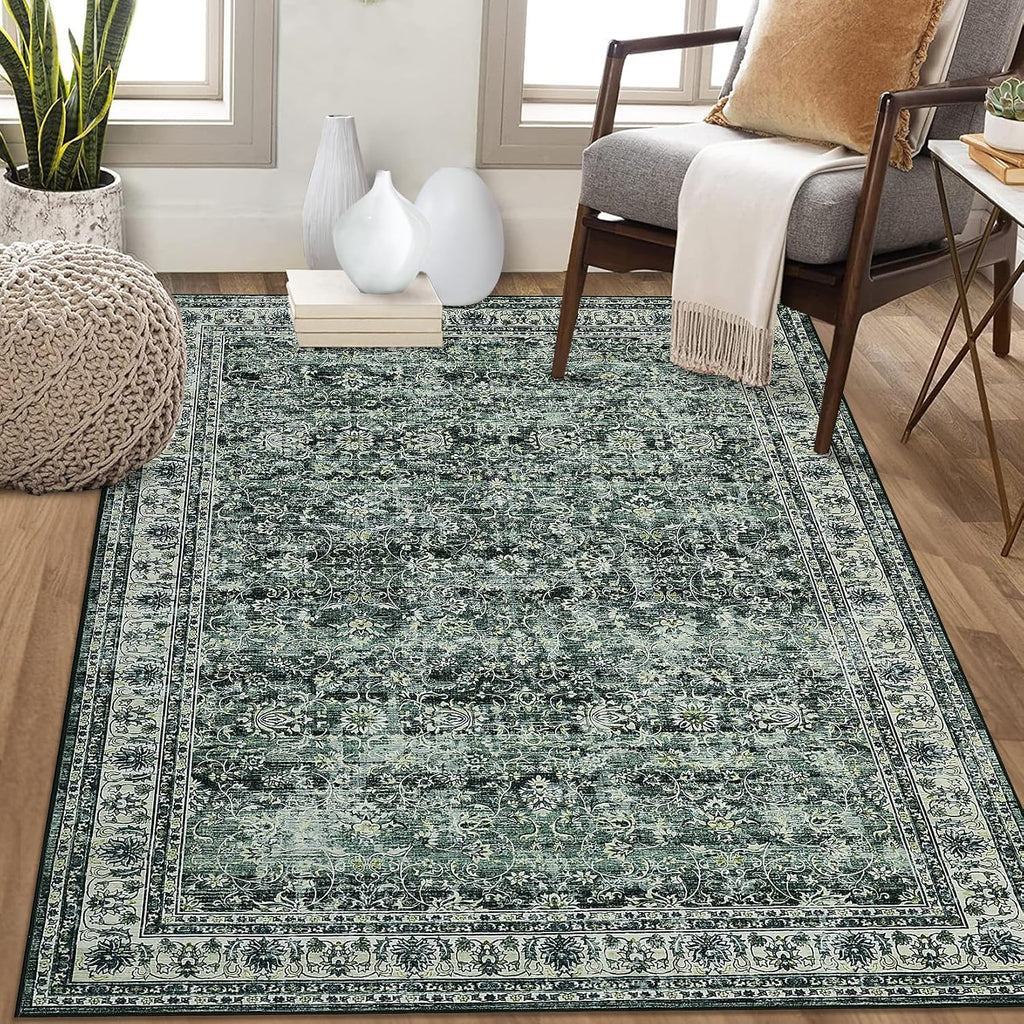 GlowSol Washable Area Rug 10x13 Large Neutral Rugs for Living Room Soft Vintage Bedroom Rug Ultra-Thin Distressed Oriental Carpet Stain Resistant Rug for Dining Room Guest Room Home Decor,Green