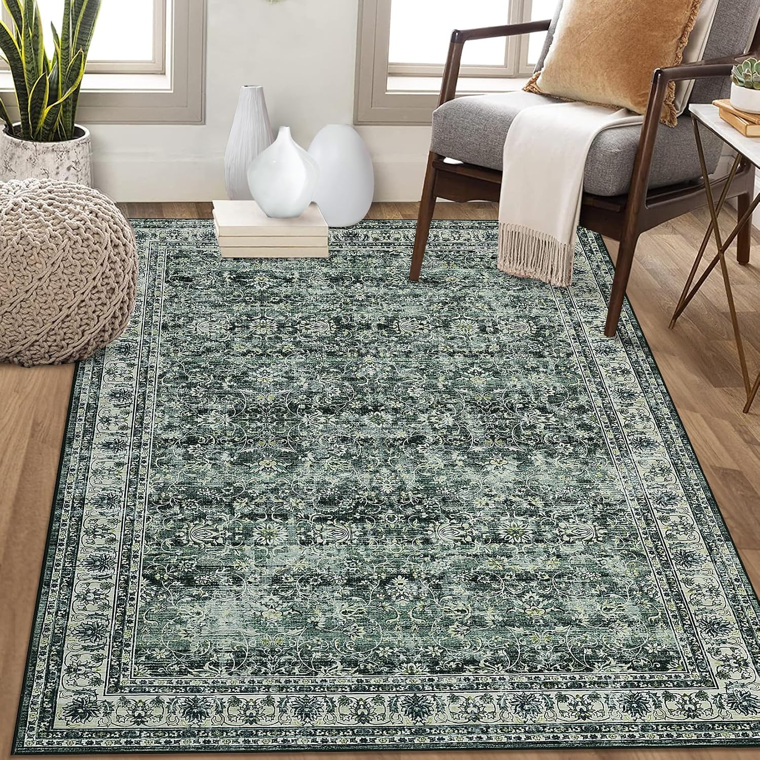 GlowSol Washable Area Rug 10x13 Large Neutral Rugs for Living Room Soft Vintage Bedroom Rug Ultra-Thin Distressed Oriental Carpet Stain Resistant Rug for Dining Room Guest Room Home Decor,Green