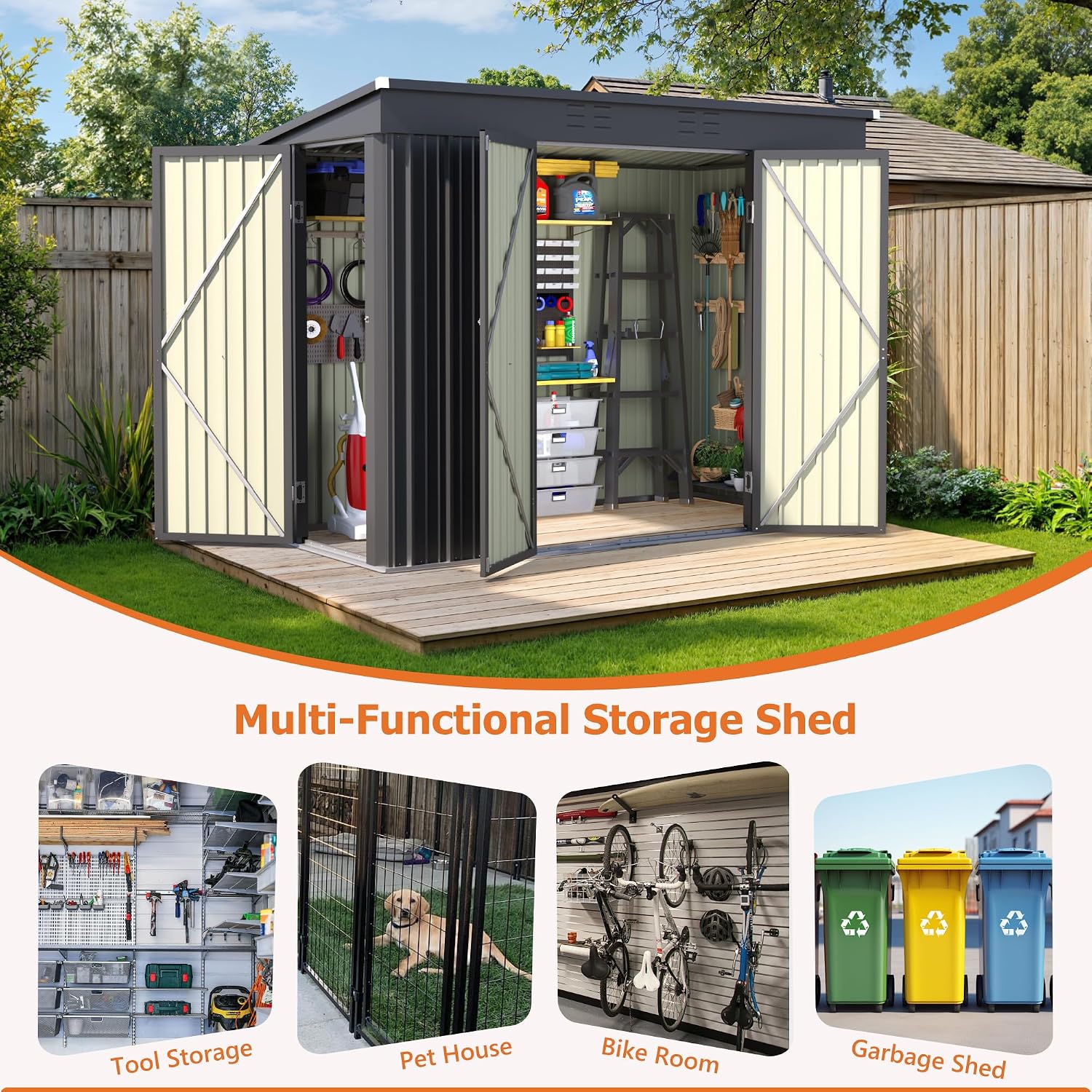 JUMMICO 8x4 FT Outdoor Storage Shed, Heavy Duty Tool Metal Sheds with 3 Lockable Doors and Updated Frame Structure for Backyard Patio Lawn, Black
