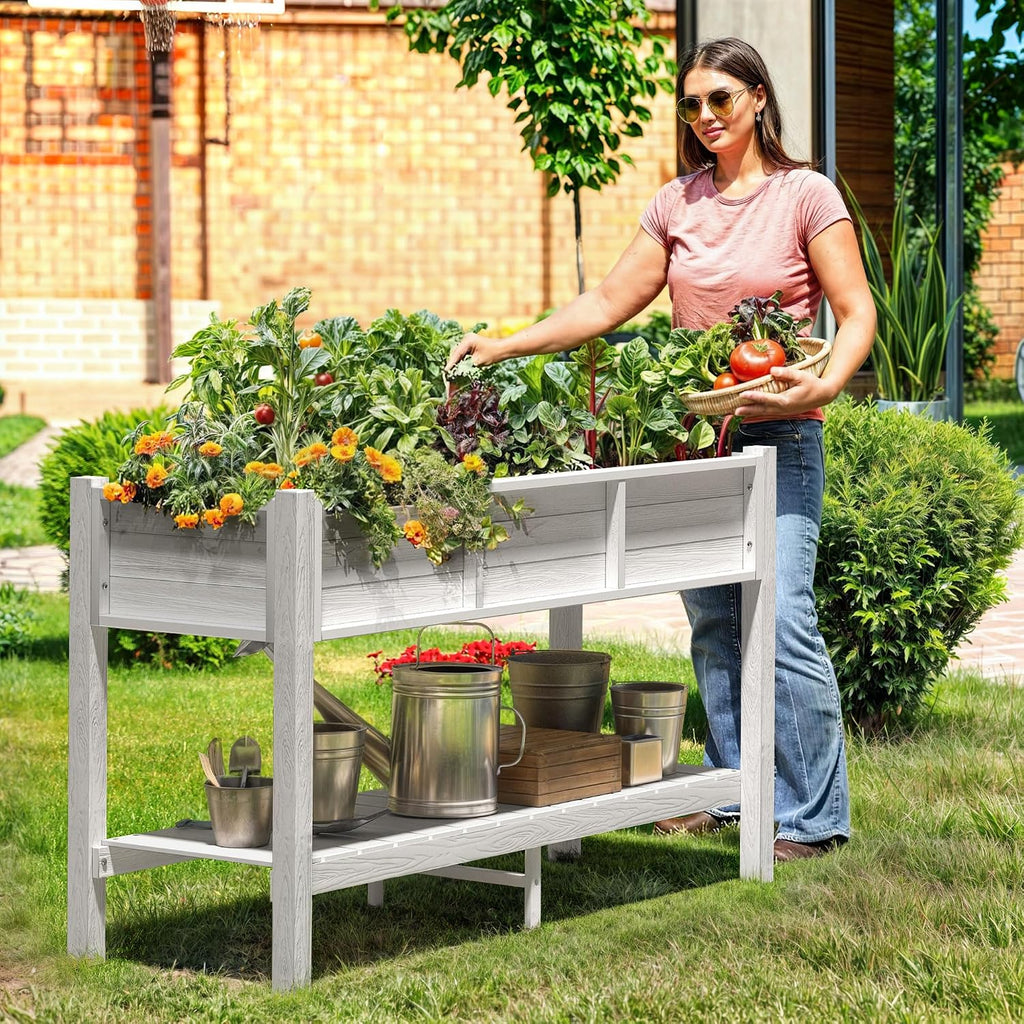 DWVO 48x18x30in Raised Garden Bed HDPE, Poly Wood Planter Box Stand,Weather-Resistant Planter Box with Legs & Storage Shelf, Elevated Garden Bed for Backyard, Patio, Balcony, White