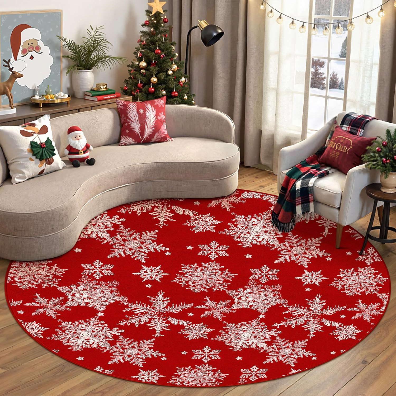 PureCozy Round Area Rug 8ft Red Christmas Living Room Carpet 8 x 8 mas Large Snowflake Circle Rug Indoor Kitchen Washable Bedroom Carpet Holiday Decor Dining Room Playroom