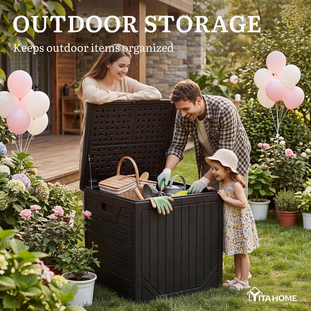 YITAHOME 150 Gallon Large Outdoor Storage Box w/Double Wall, Waterproof Deck Box with Hydraulic Piston for Garden Tools, Pool Accessories & Cushions, Resin Deck Organizer with Bench Seat(Black)