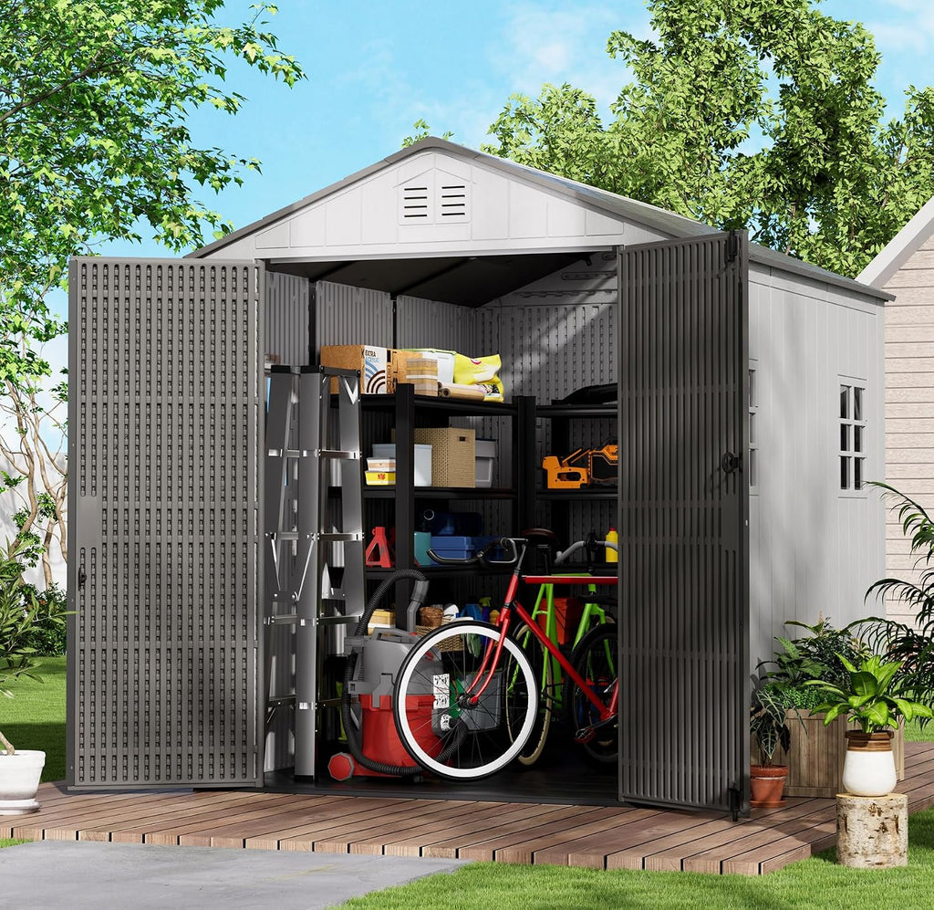 KINYING 6x9 FT Outdoor Storage Shed with Floor,Resin Outdoor Garden Tool Shed with Windows,Lockable Weather Resistant Large Plastic Shed for Bike Storage,Lawn Mower,Pool Supplies