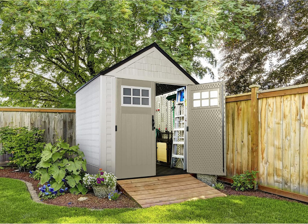 Rubbermaid 7 by 7 Feet Durable Weatherproof Plastic Outdoor Storage Shed for Garden Tool and Lawn Machinery Organization, Sandstone, 2 Pack
