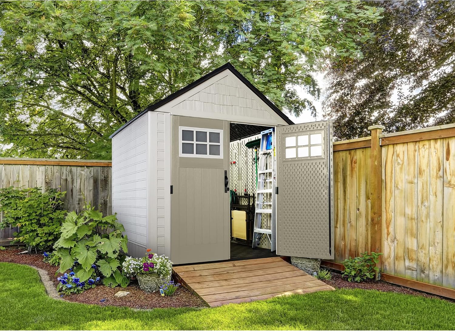 Rubbermaid 7 by 7 Feet Durable Weatherproof Plastic Outdoor Storage Shed for Garden Tool and Lawn Machinery Organization, Sandstone, 2 Pack
