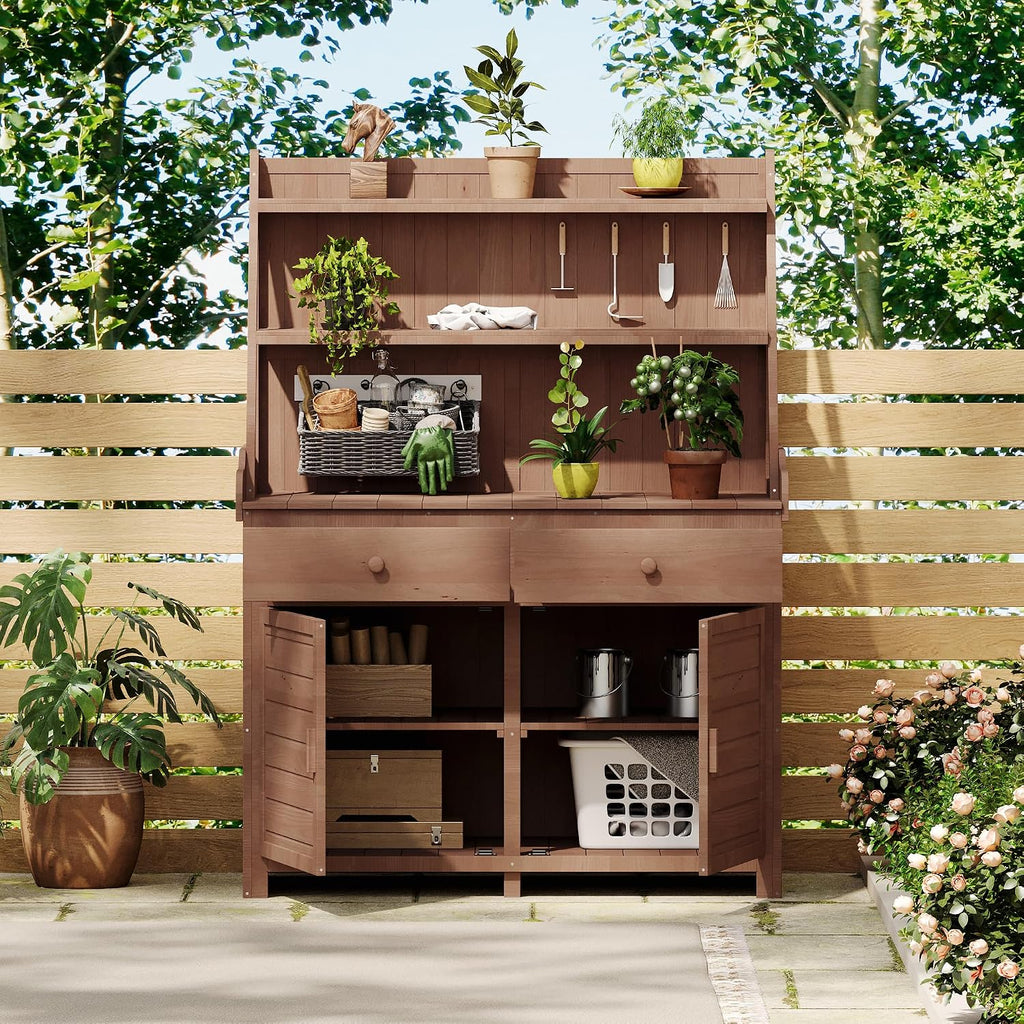 JIVOIT Modern 65inch Garden Potting Bench Table, Fir Wood Workstation with Three-Tier Storage Shelf, Two Drawer and Cabinet, Large Gardening Workstation for Outdoor Space (Brown * Fir Wood)