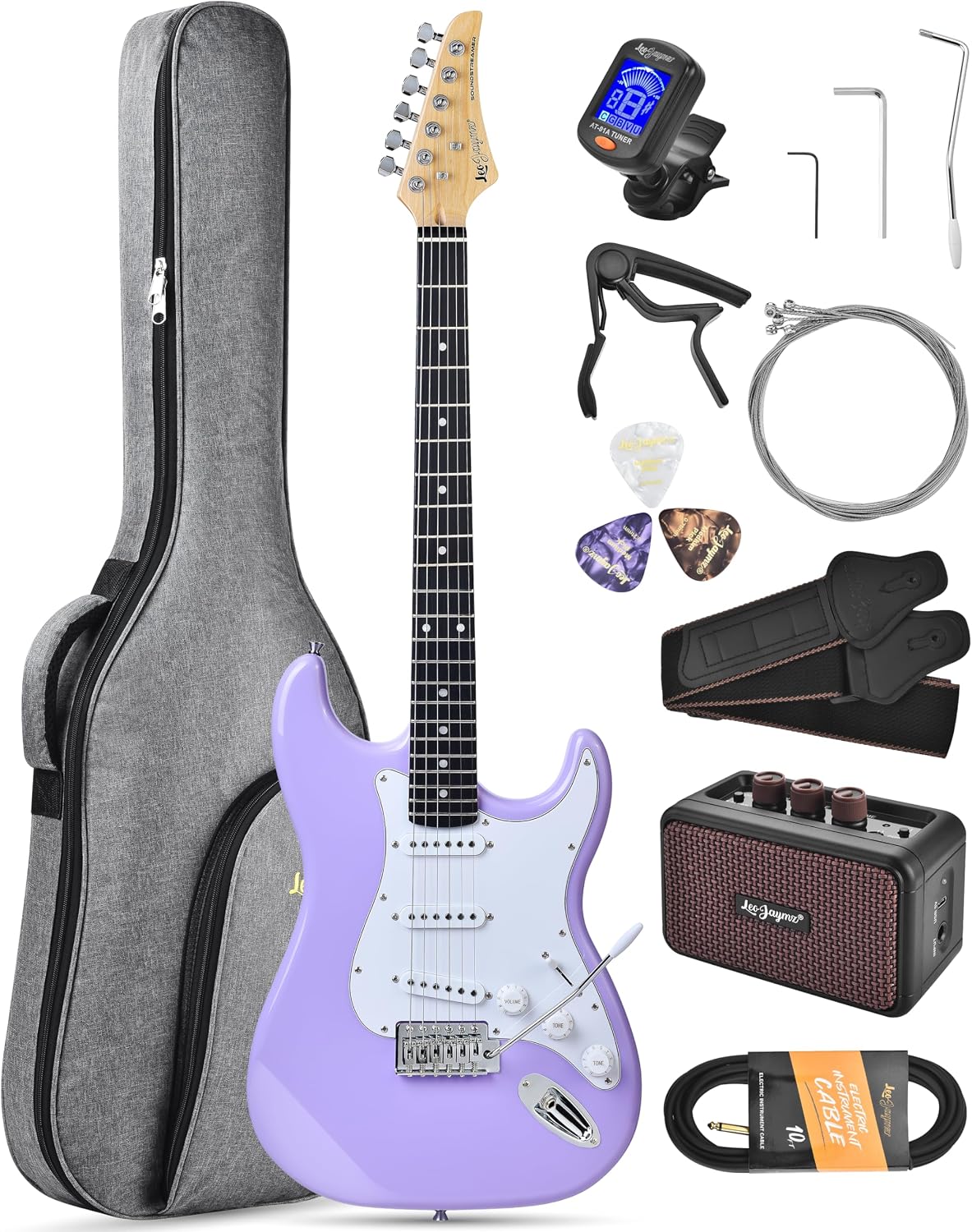 Leo Jaymz Beginner Electric Guitar 39' Kit with Portable Amplifier, Padded Gig Bag, Digital Tuner，Capo，Strap，Picks，Classic SSS Pickups (Lavender)