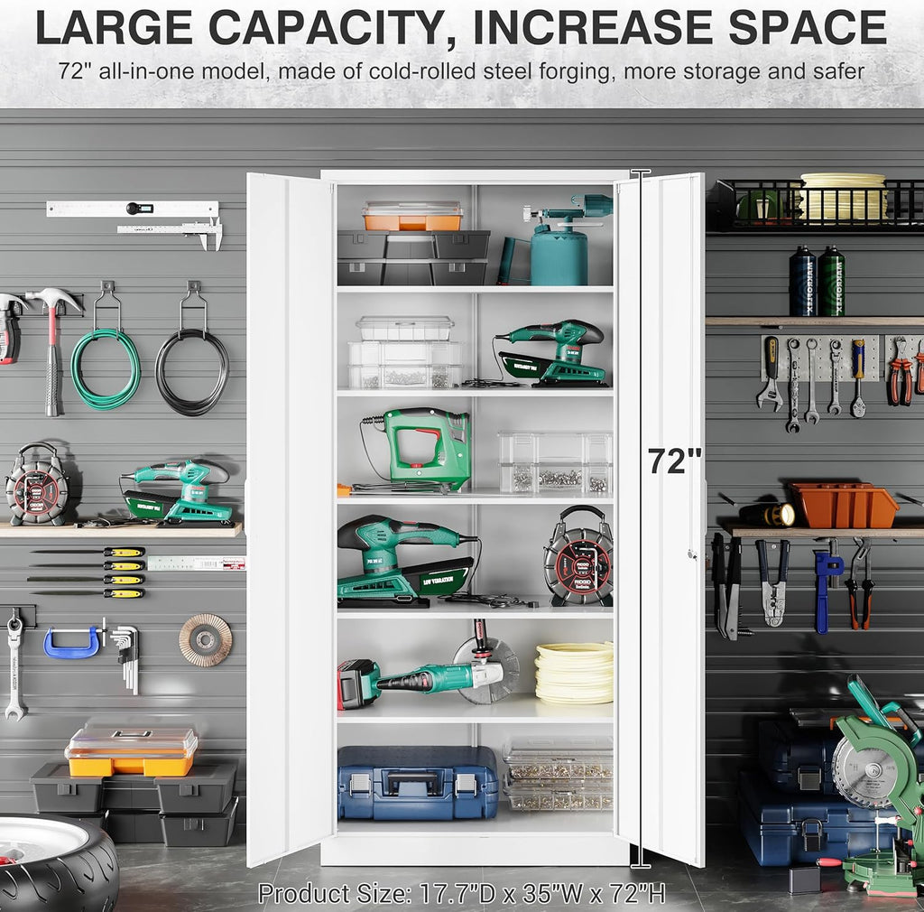 Wide & Deep Metal Storage Cabinet with 2 Doors and 5 Adjustable Shelves,White Locking Metal Cabinet,Large Garage Storage Cabinets,Lockable Tall Pantry Cabinets for Home,Office,Garage,Shop 72x36x18