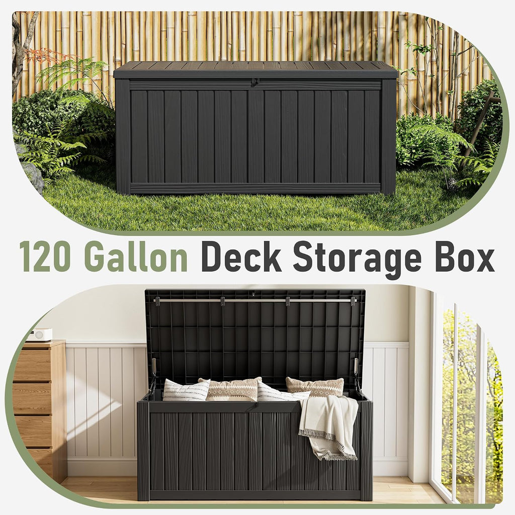 NUNU LAB 120 Gallon Outdoor Storage Box, Large Resin Deck Box with Lockable Lid, Waterproof Patio Storage Bench, Outdoor Cabinet for Garden Tools, Cushions & Pool Accessories