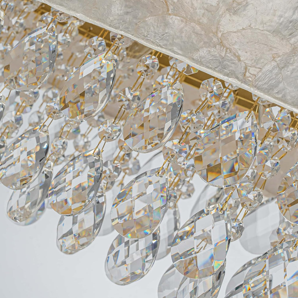 LumFurn 6-Light Oval Capiz Shell Crystal Linear Chandeliers, Coastal Design Light Fixture for Dining Room, Kitchen Island, L32xW12xH19~65in(Adjustable), K9 Crystal, Shell Lampshade & Brass Finish