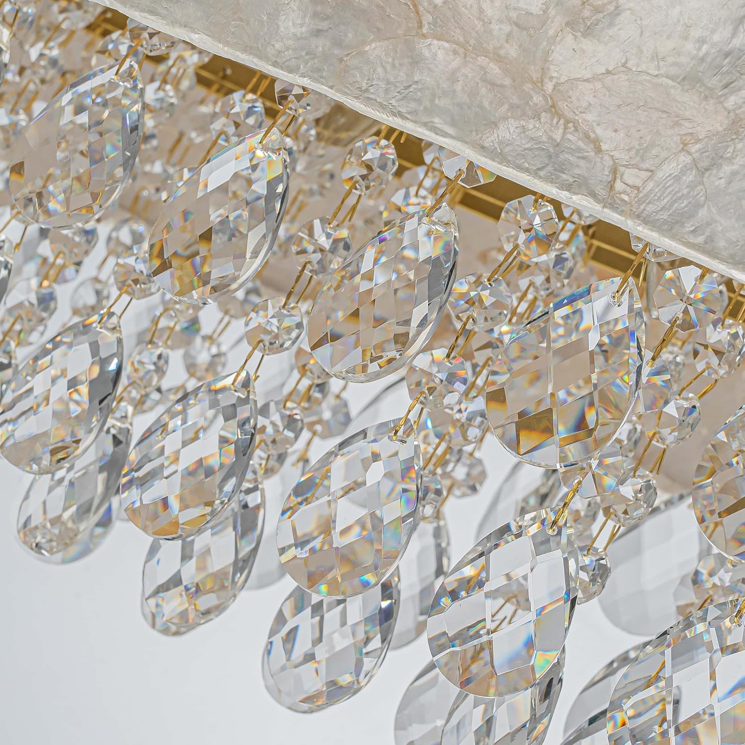 LumFurn 6-Light Oval Capiz Shell Crystal Linear Chandeliers, Coastal Design Light Fixture for Dining Room, Kitchen Island, L32xW12xH19~65in(Adjustable), K9 Crystal, Shell Lampshade & Brass Finish