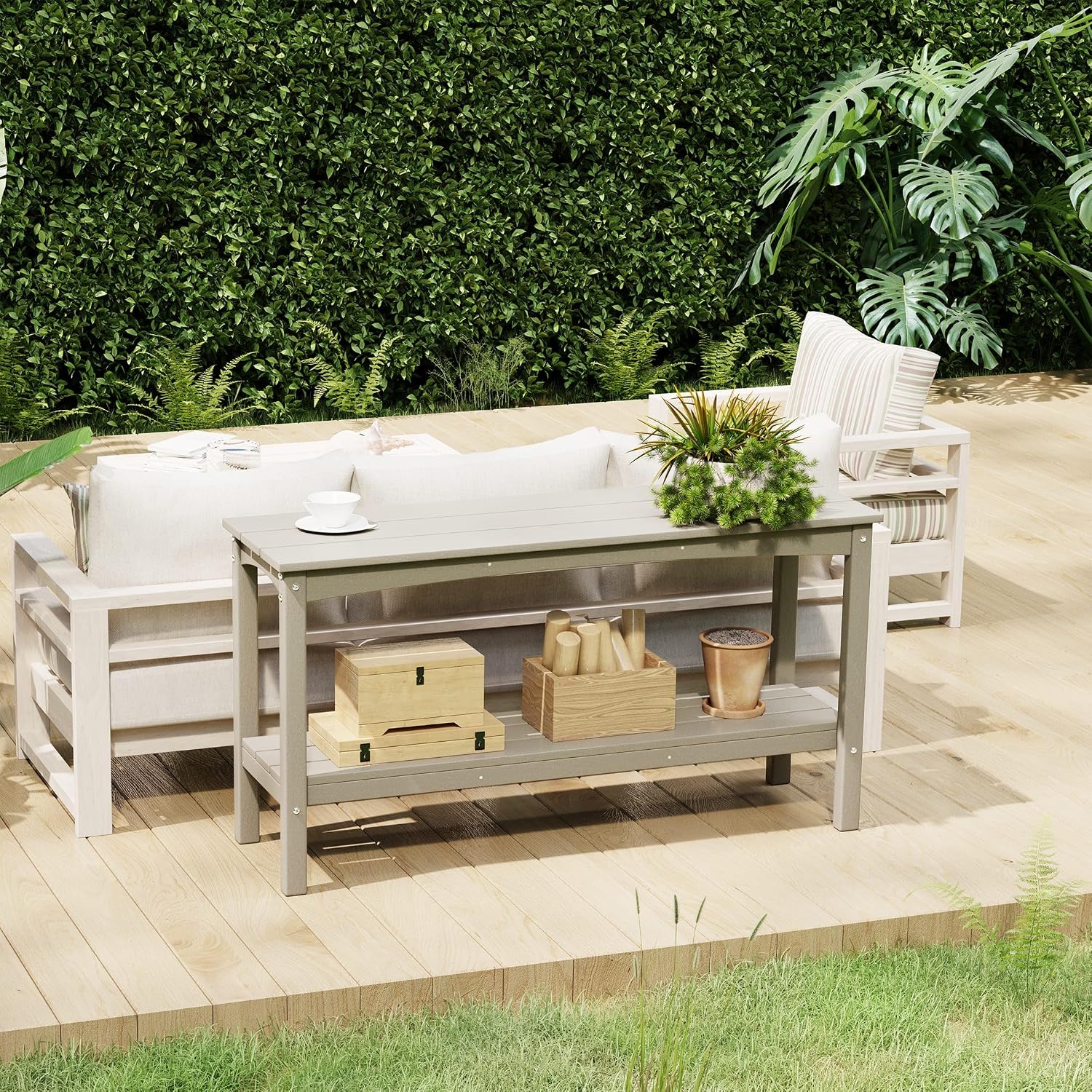 Costaelm Adirondack Outdoor Side Table, 55' HDPE Small Outside Table with Storage Shelf, Weather Resistant Outdoor Plant Shelf, Porch Table and Outdoor Table for Pool & Yard, Sand