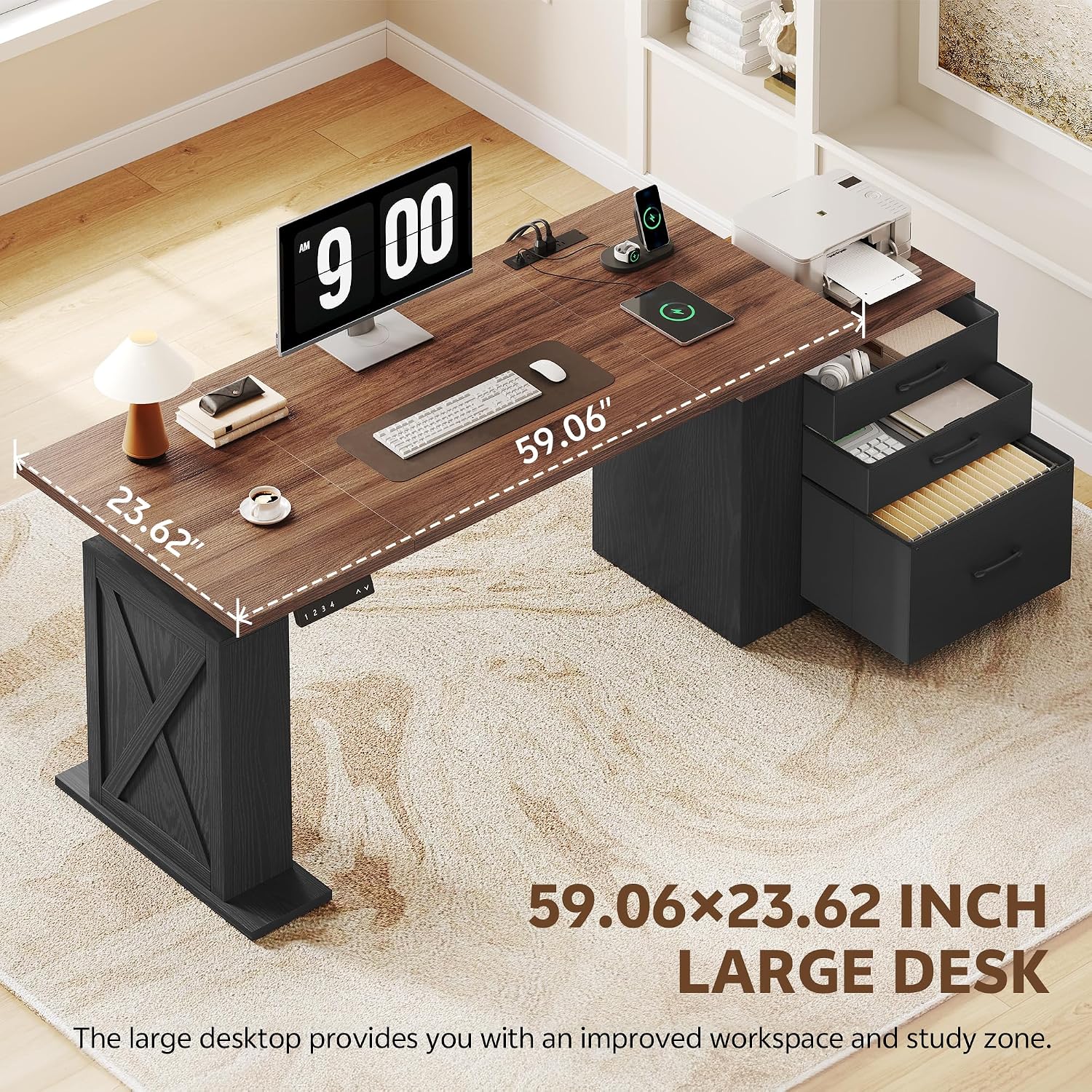 75.5 Inches Electric Standing Desk with Drawers Farmhouse Sit Stand Desk with Storage Adjustable Height Computer Desk with Power Outlets Printer Space for Home Office Black and Walnut