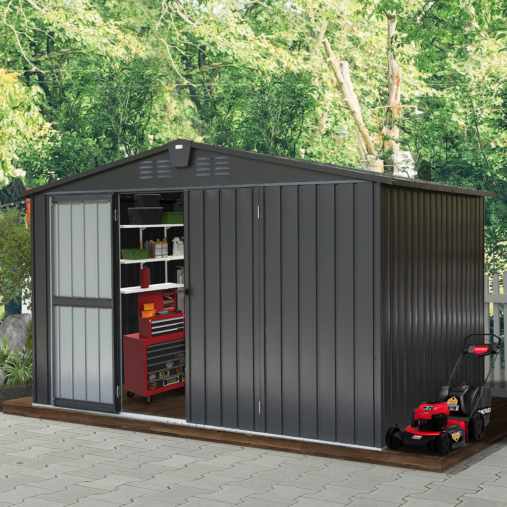 Domi Outdoor Storage Shed 10'x 8', Metal Garden Shed for Bike, Trash Can, Tools, Lawn Mowers, Pool Toys, Galvanized Steel Outdoor Storage Cabinet with Lockable Door for Backyard, Patio, Lawn