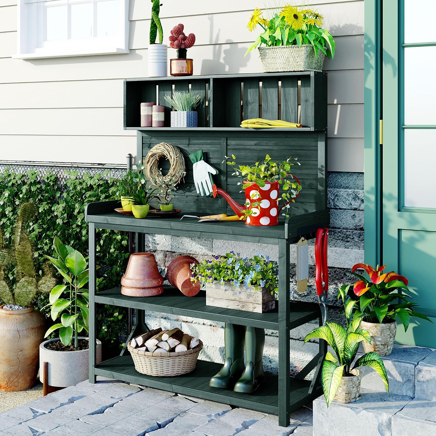 Outdoor Potting Bench Table with Storage, Farmhouse Wood Garden Tables with Storage Shelves and Side Hooks, Potting Tables for Outside, Patio, Backyard, Easy Assembly, Dark Green