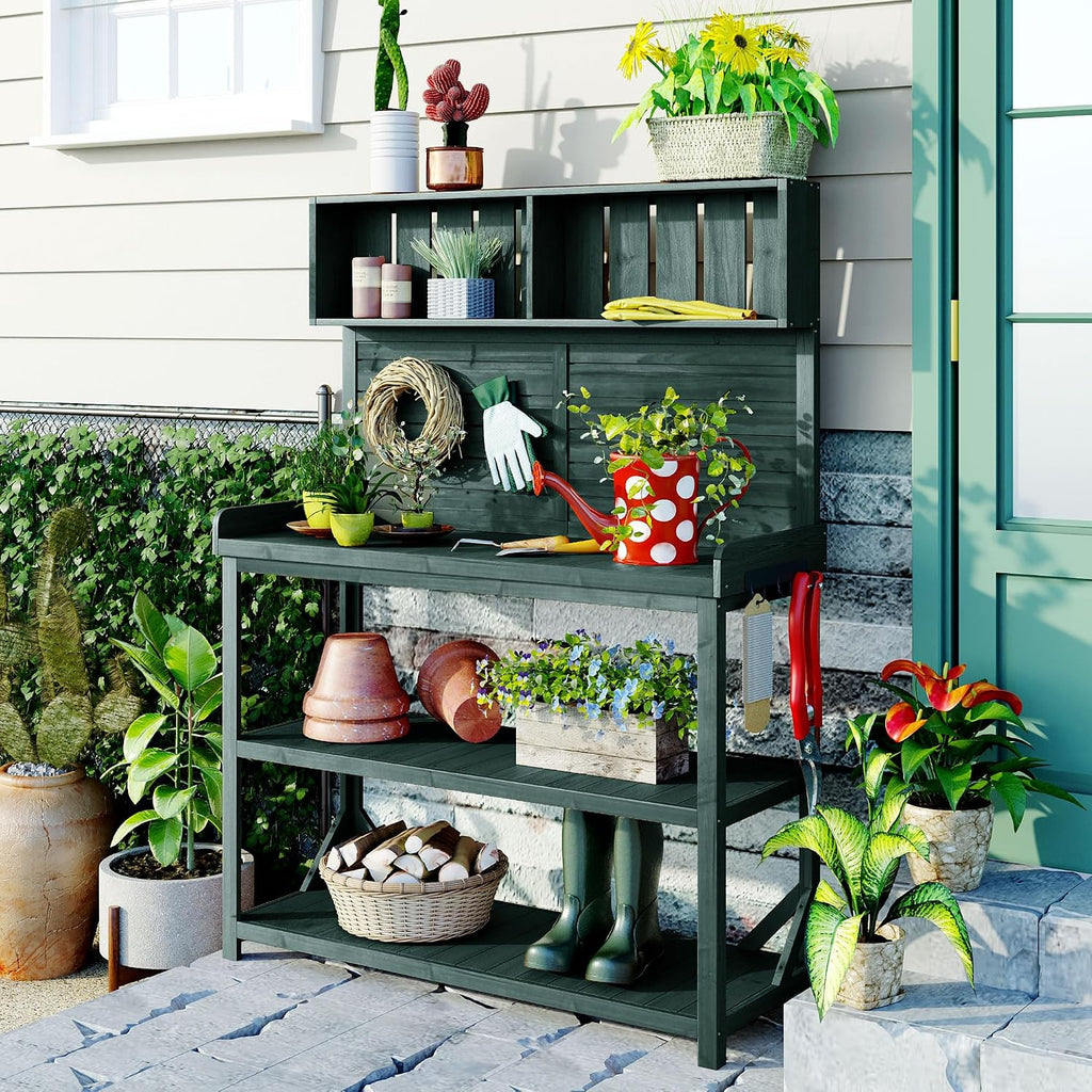 Farmhouse Rustic Outdoor Potting Bench Table, 65' Large Wooden Garden Potting Bench with 4 Storage Shelves and Side Hook, Spacious Patio Workstation