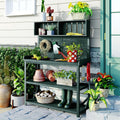 Farmhouse Rustic Outdoor Potting Bench Table, 65' Large Wooden Garden Potting Bench with 4 Storage Shelves and Side Hook, Spacious Patio Workstation